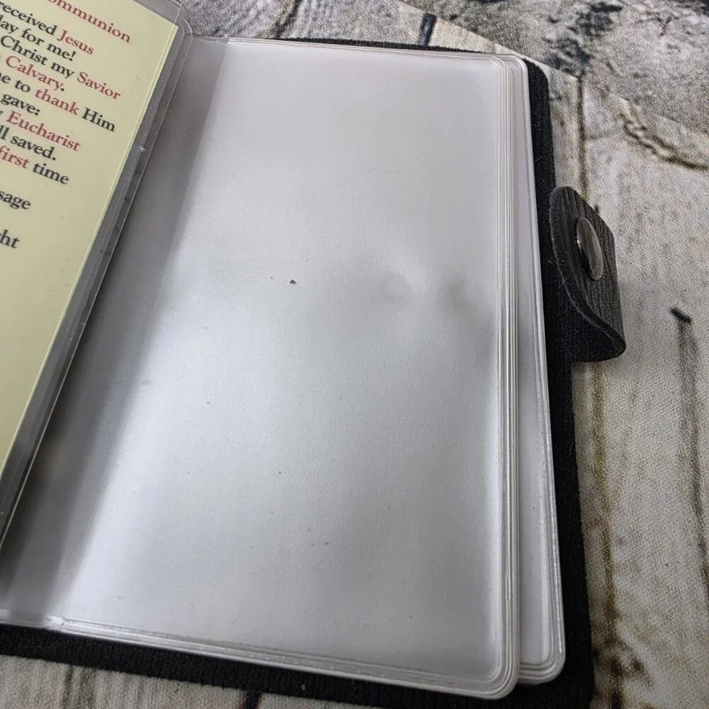 Holy Card Holder Folder Black Gold 20 Plastic Sleeves Snap Close w 4 Holy Cards